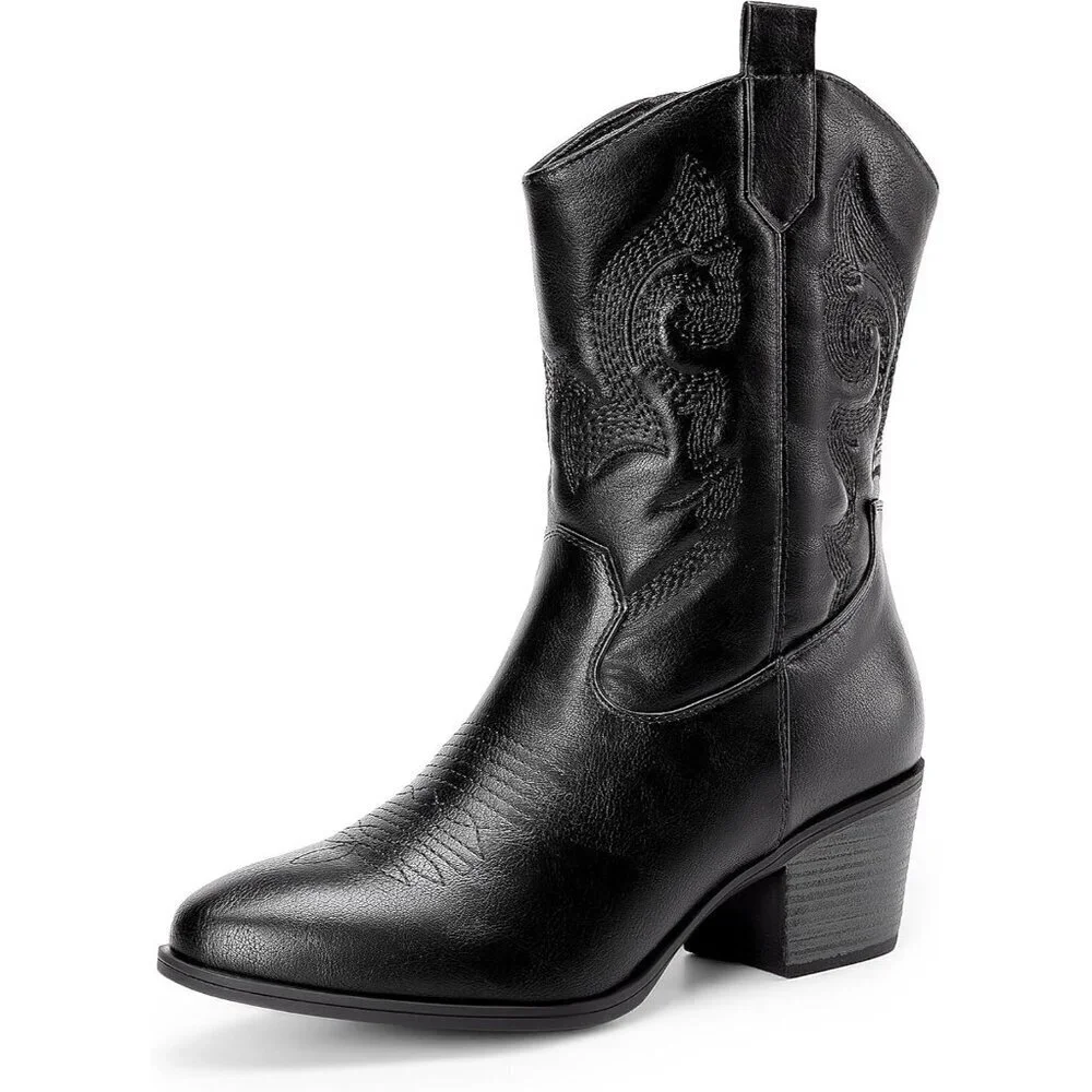 🆕Women All Black Suede leather Embroidered Country Heel Pointed Toe Boot